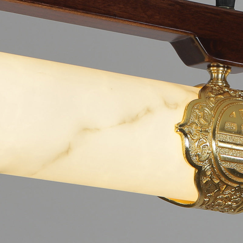 Traditional Chinese Brass Wujin Wood &amp; Imitation Marble Bar-Shaped LED Chandelier Island Light For Dining Room