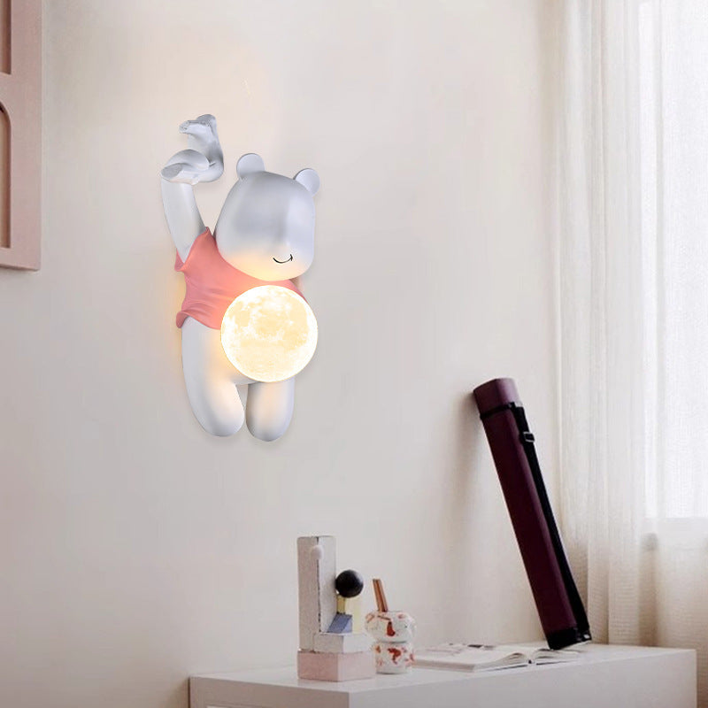 Contemporáneo Creativo Niños Resina y PLA Oso de Dibujos Animados Con Luna Lámpara Aplique de Pared de 1 Luz Para Dormitorio y Sala de Estar 