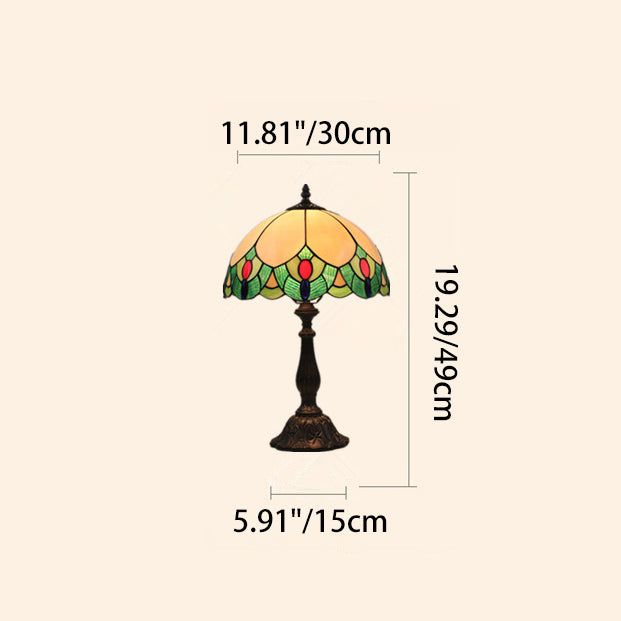 Traditionelle Tiffany Glas & Zinklegierung Blattkuppel 1-Licht Tischlampe für Schlafzimmer & Wohnzimmer 