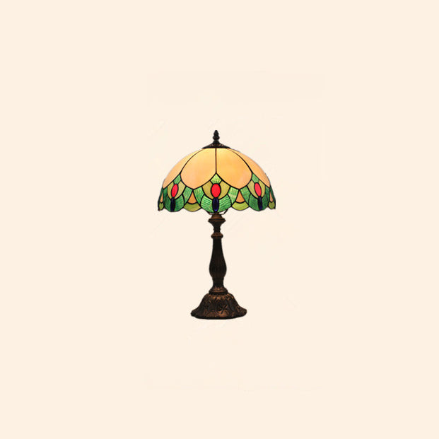 Traditionelle Tiffany Glas & Zinklegierung Blattkuppel 1-Licht Tischlampe für Schlafzimmer & Wohnzimmer 