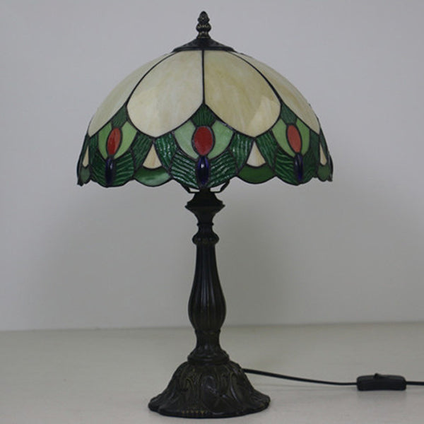 Traditionelle Tiffany Glas & Zinklegierung Blattkuppel 1-Licht Tischlampe für Schlafzimmer & Wohnzimmer 