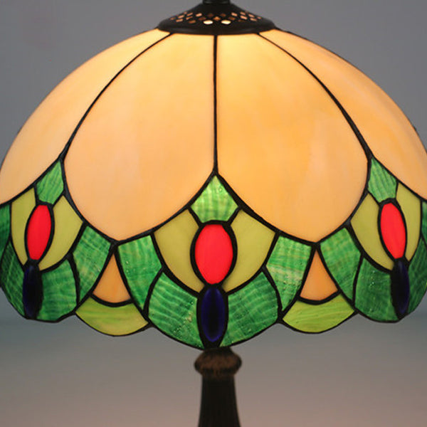 Traditionelle Tiffany Glas & Zinklegierung Blattkuppel 1-Licht Tischlampe für Schlafzimmer & Wohnzimmer 