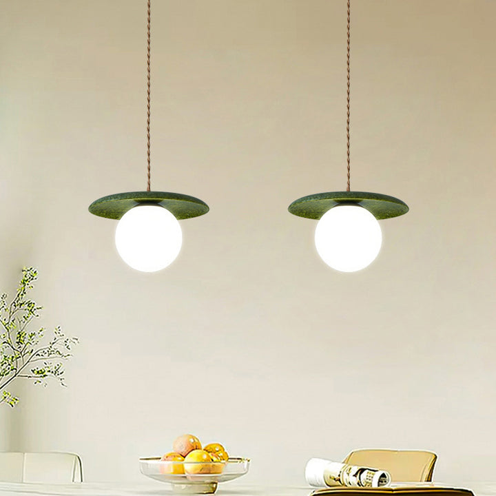 Traditional Vintage Natural Jade Glass Metal Sphere UFO 1-Light Pendant Light For Dining Room