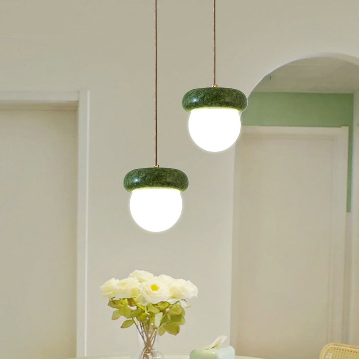 Traditional Vintage Natural Jade Glass Metal Sphere UFO 1-Light Pendant Light For Dining Room