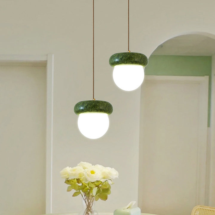 Traditional Vintage Natural Jade Glass Metal Sphere UFO 1-Light Pendant Light For Dining Room