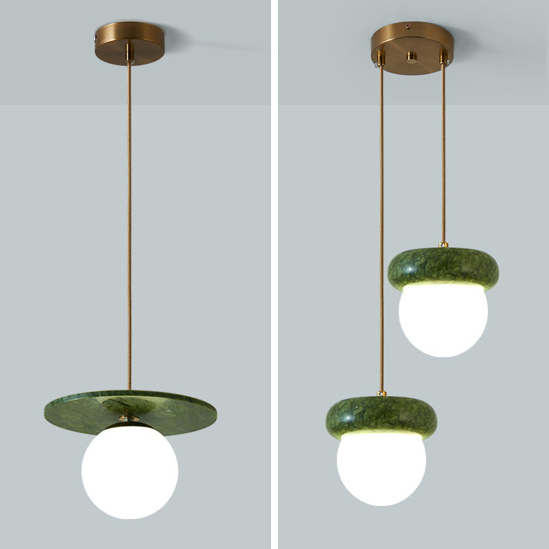Traditional Vintage Natural Jade Glass Metal Sphere UFO 1-Light Pendant Light For Dining Room