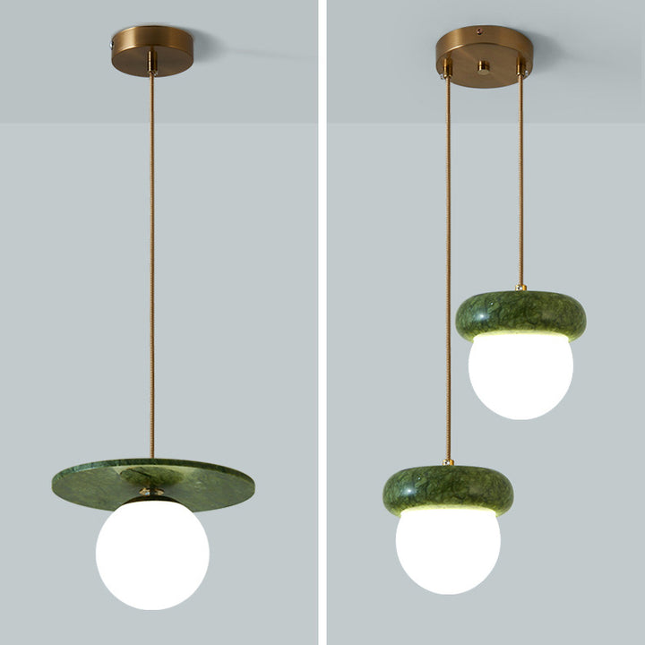 Traditional Vintage Natural Jade Glass Metal Sphere UFO 1-Light Pendant Light For Dining Room