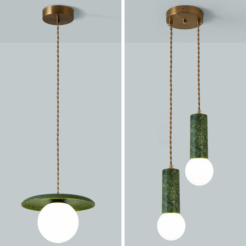 Traditional Vintage Natural Jade Glass Metal Sphere UFO 1-Light Pendant Light For Dining Room
