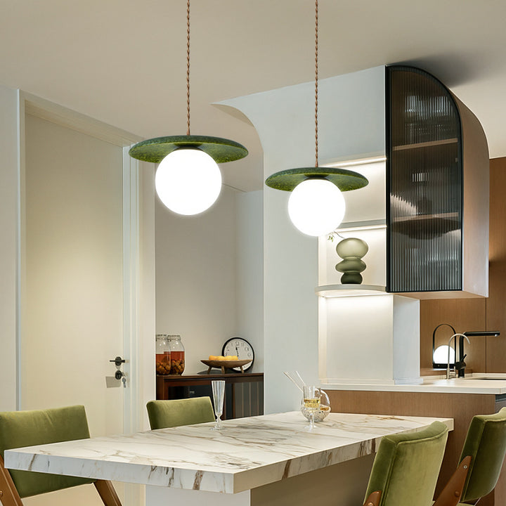 Traditional Vintage Natural Jade Glass Metal Sphere UFO 1-Light Pendant Light For Dining Room