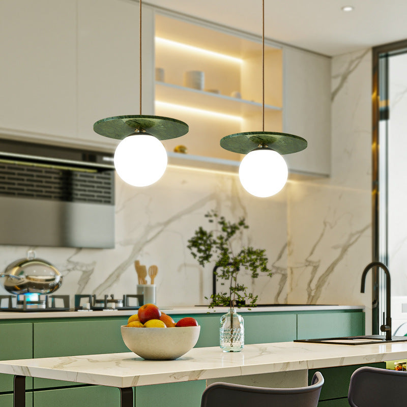 Traditional Vintage Natural Jade Glass Metal Sphere UFO 1-Light Pendant Light For Dining Room