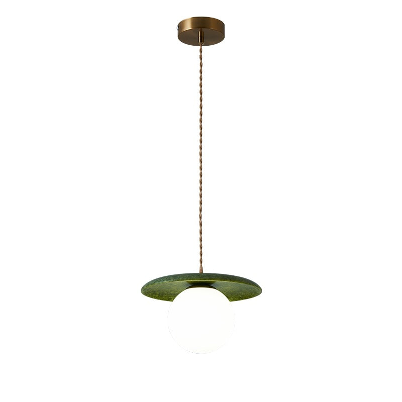 Traditional Vintage Natural Jade Glass Metal Sphere UFO 1-Light Pendant Light For Dining Room