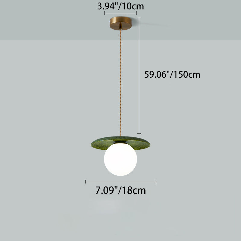 Traditional Vintage Natural Jade Glass Metal Sphere UFO 1-Light Pendant Light For Dining Room