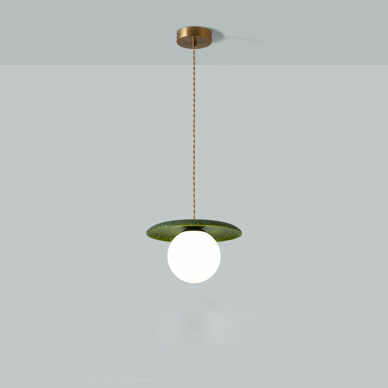 Traditional Vintage Natural Jade Glass Metal Sphere UFO 1-Light Pendant Light For Dining Room