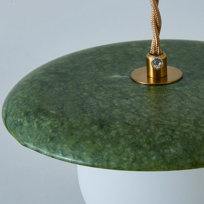 Traditional Vintage Natural Jade Glass Metal Sphere UFO 1-Light Pendant Light For Dining Room