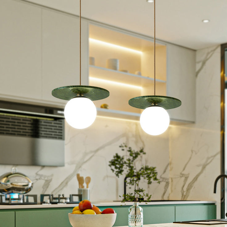 Traditional Vintage Natural Jade Glass Metal Sphere UFO 1-Light Pendant Light For Dining Room