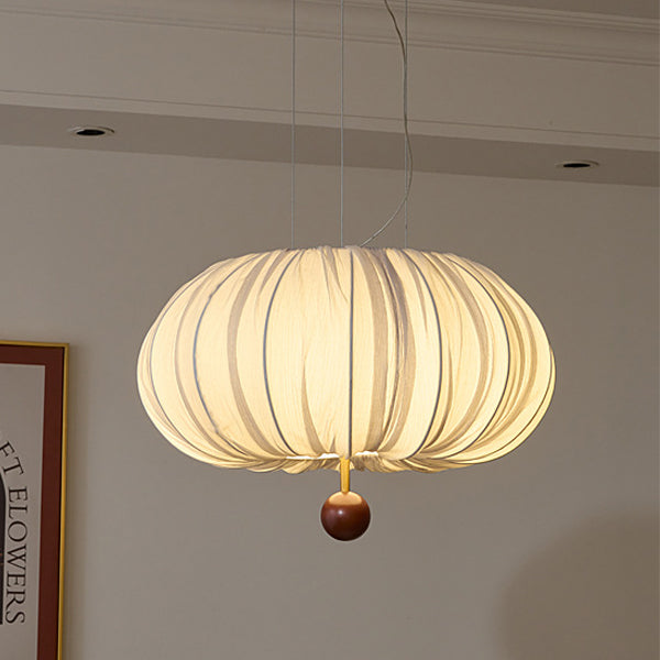 Lámpara de araña LED redonda con patrón curvado de tela francesa tradicional, metal y madera para comedor y sala de estar 