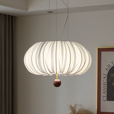 Lámpara de araña LED redonda con patrón curvado de tela francesa tradicional, metal y madera para comedor y sala de estar 
