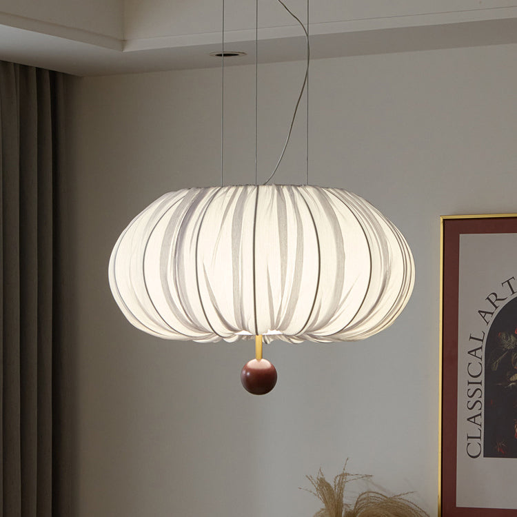 Lámpara de araña LED redonda con patrón curvado de tela francesa tradicional, metal y madera para comedor y sala de estar 