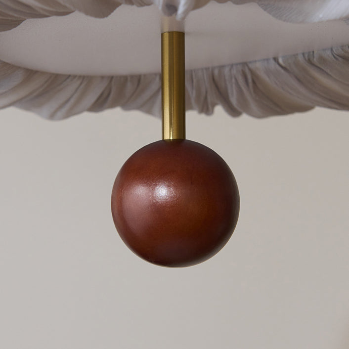 Lámpara de araña LED redonda con patrón curvado de tela francesa tradicional, metal y madera para comedor y sala de estar 