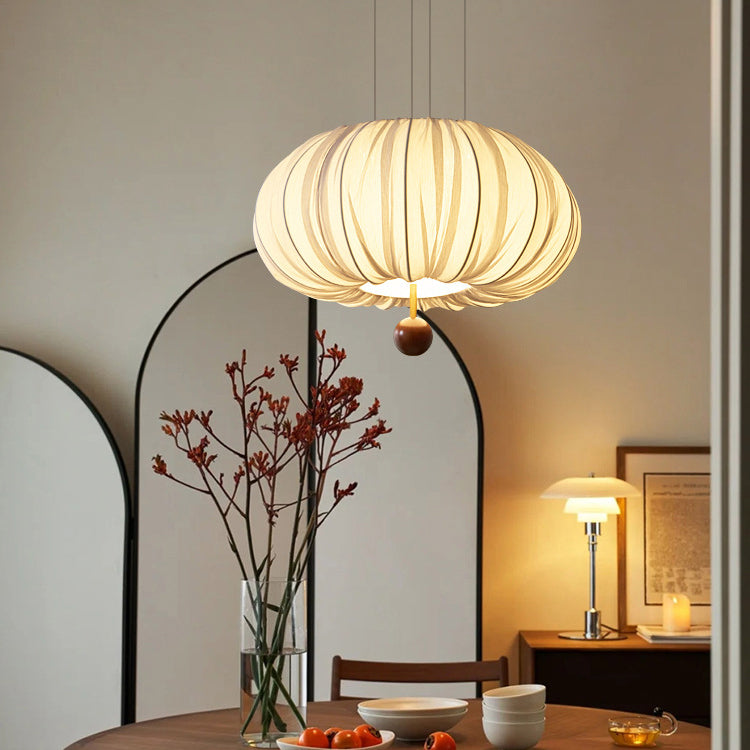 Lámpara de araña LED redonda con patrón curvado de tela francesa tradicional, metal y madera para comedor y sala de estar 