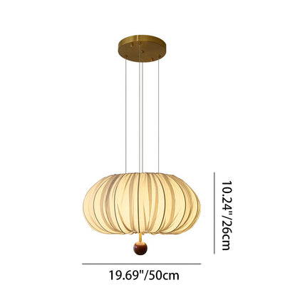 Lámpara de araña LED redonda con patrón curvado de tela francesa tradicional, metal y madera para comedor y sala de estar 