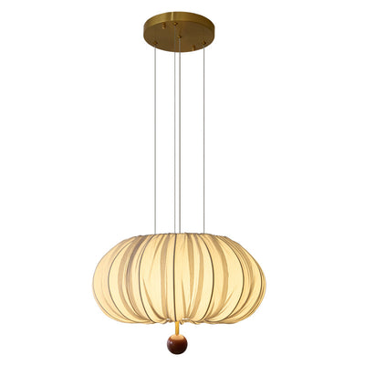 Lámpara de araña LED redonda con patrón curvado de tela francesa tradicional, metal y madera para comedor y sala de estar 