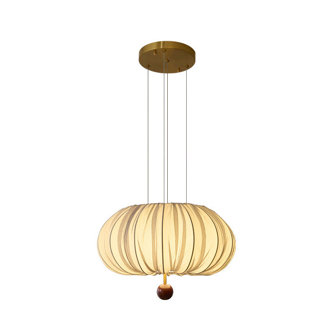 Lámpara de araña LED redonda con patrón curvado de tela francesa tradicional, metal y madera para comedor y sala de estar 
