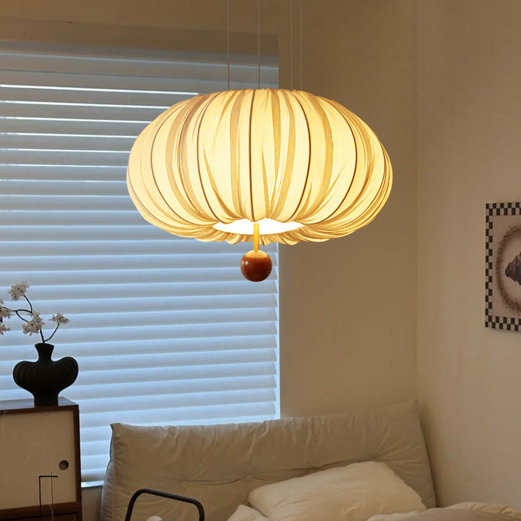 Lámpara de araña LED redonda con patrón curvado de tela francesa tradicional, metal y madera para comedor y sala de estar 