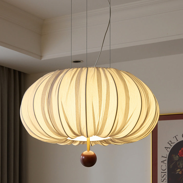 Lámpara de araña LED redonda con patrón curvado de tela francesa tradicional, metal y madera para comedor y sala de estar 