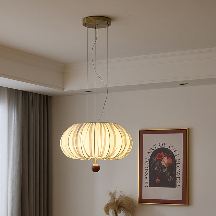 Traditional French Fabric Metal & Wood Curved Pattern Round LED Chandelier For Dining Room And Living Room