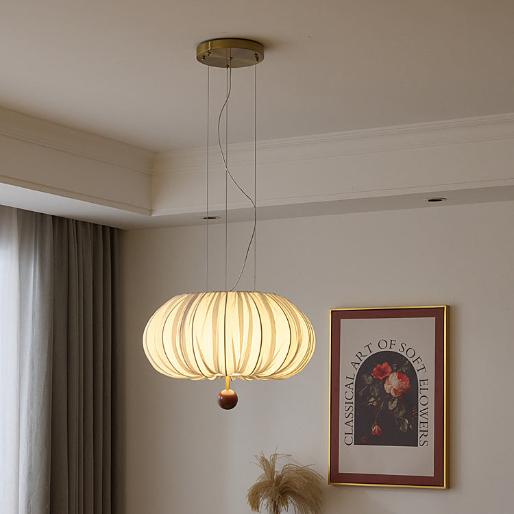 Lámpara de araña LED redonda con patrón curvado de tela francesa tradicional, metal y madera para comedor y sala de estar 