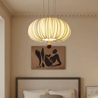 Lámpara de araña LED redonda con patrón curvado de tela francesa tradicional, metal y madera para comedor y sala de estar 