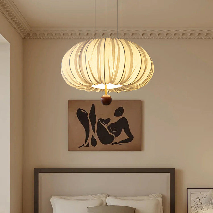 Lámpara de araña LED redonda con patrón curvado de tela francesa tradicional, metal y madera para comedor y sala de estar 