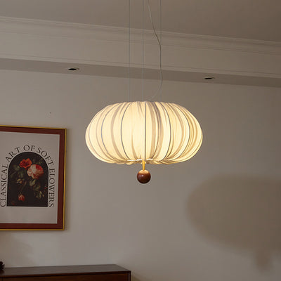 Lámpara de araña LED redonda con patrón curvado de tela francesa tradicional, metal y madera para comedor y sala de estar 