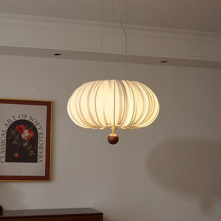 Lámpara de araña LED redonda con patrón curvado de tela francesa tradicional, metal y madera para comedor y sala de estar 