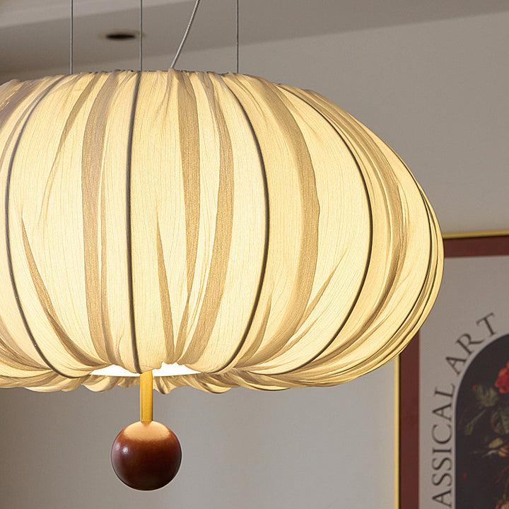 Tissu français traditionnel Métal et bois Motif incurvé Lustre rond à LED pour salle à manger et salon 