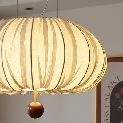 Lámpara de araña LED redonda con patrón curvado de tela francesa tradicional, metal y madera para comedor y sala de estar 