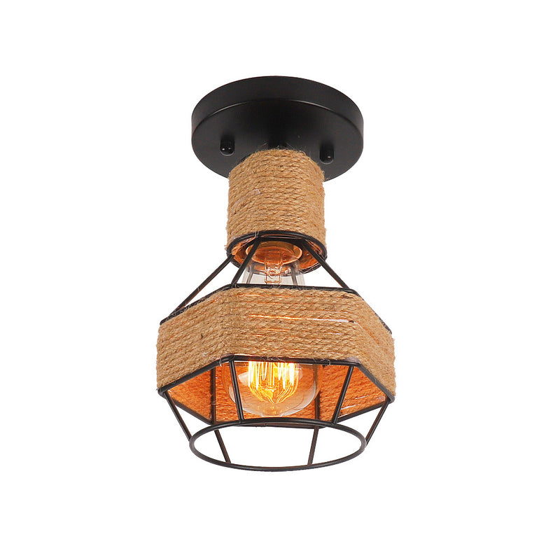 Plafonnier semi-encastré contemporain industriel en fer et corde en forme de grenade à 1 lumière pour couloir 