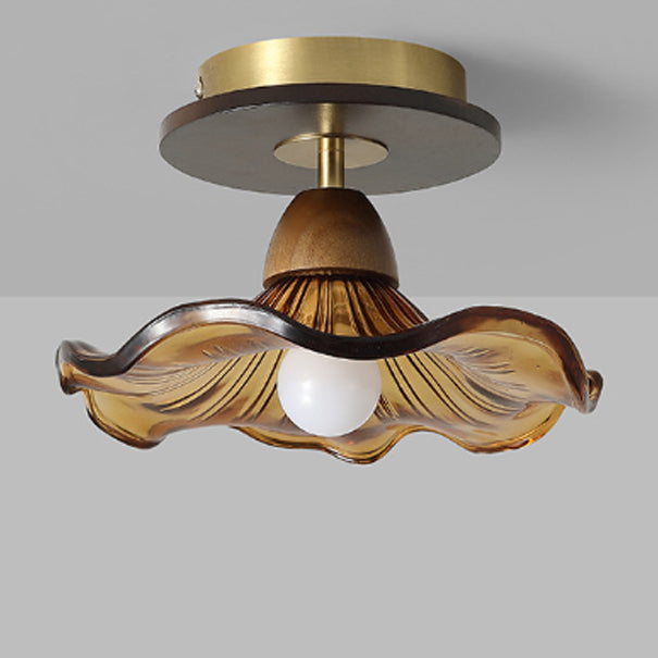 Zeitgenössisches Retro-Metall-Gummi-Holz- und Glas-Bell-Rock 1-Licht Semi-Flush-Mount-Deckenleuchte für den Flur 
