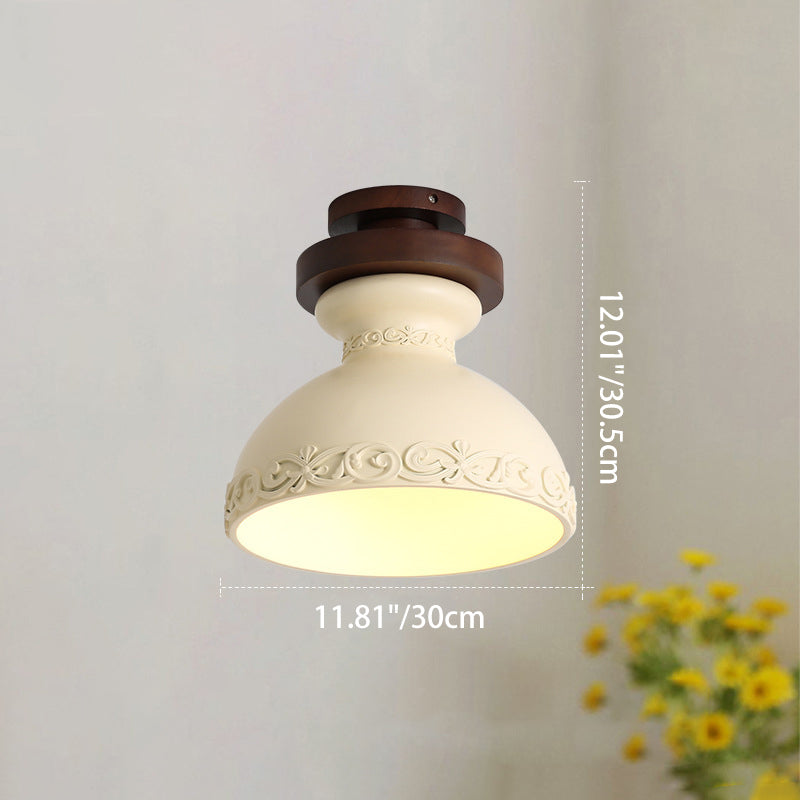 Traditional French Resin &amp; Wood Bowl-Shaped Round Carved 1-Light Semi-Flush Mount Ceiling Light For Hallway And Entryway