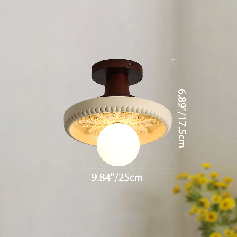 Traditional French Resin &amp; Wood Bowl-Shaped Round Carved 1-Light Semi-Flush Mount Ceiling Light For Hallway And Entryway