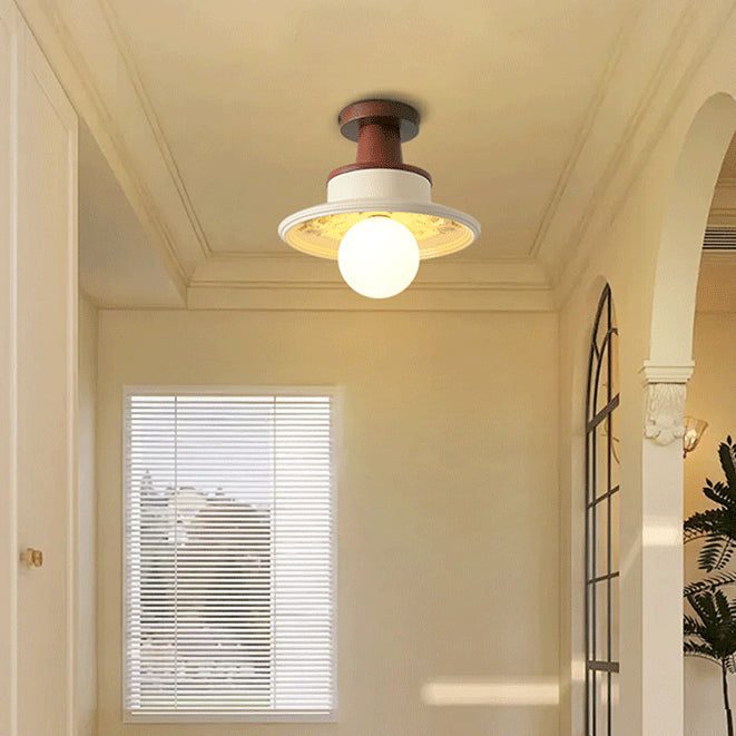 Traditional French Resin &amp; Wood Bowl-Shaped Round Carved 1-Light Semi-Flush Mount Ceiling Light For Hallway And Entryway