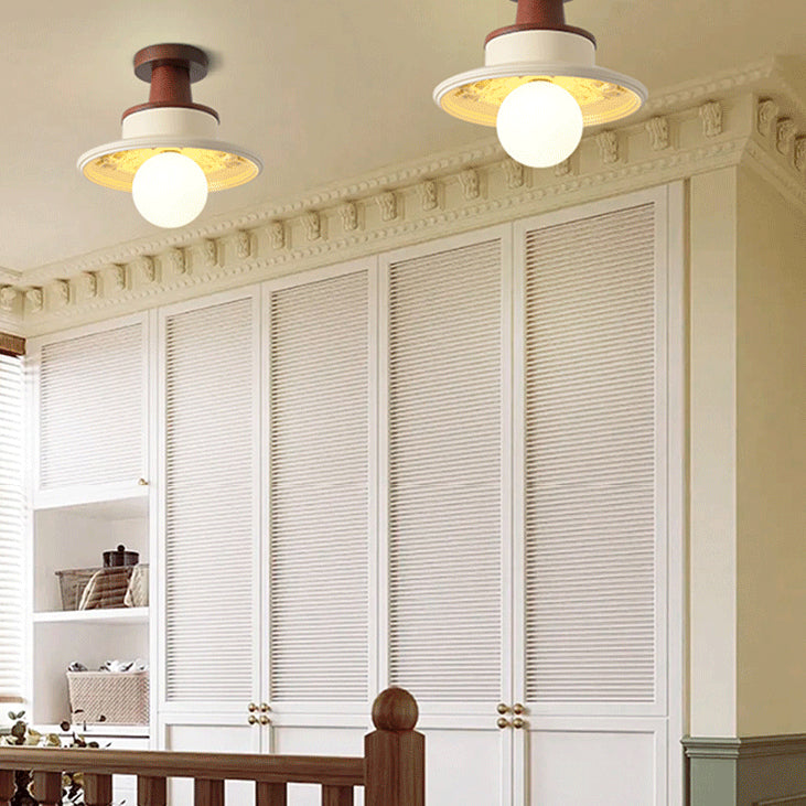Lámpara de techo semiempotrada de 1 luz con forma de cuenco redondo tallado de resina y madera tradicional francesa para pasillo y entrada 