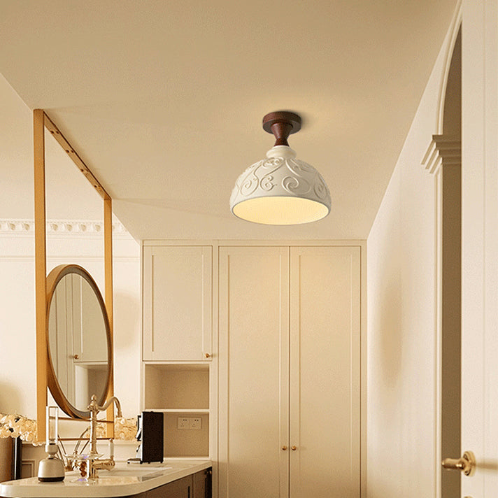 Traditional French Resin &amp; Wood Bowl-Shaped Round Carved 1-Light Semi-Flush Mount Ceiling Light For Hallway And Entryway