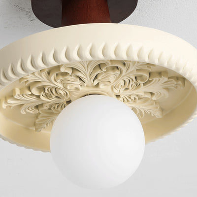 Lámpara de techo semiempotrada de 1 luz con forma de cuenco redondo tallado de resina y madera tradicional francesa para pasillo y entrada 