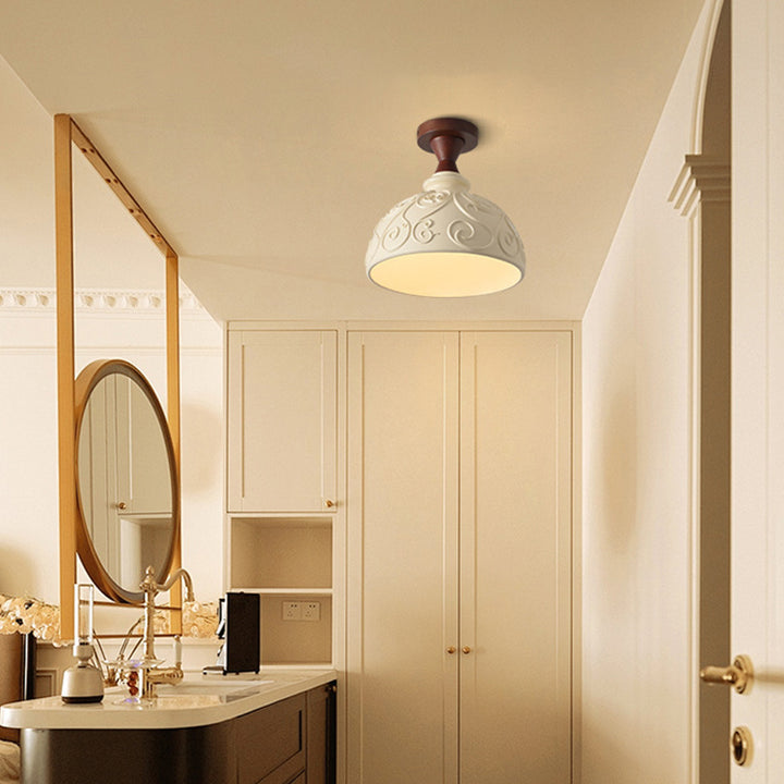 Traditional French Resin &amp; Wood Bowl-Shaped Round Carved 1-Light Semi-Flush Mount Ceiling Light For Hallway And Entryway