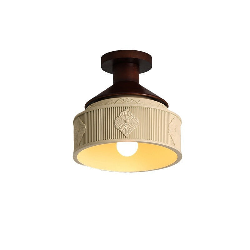 Traditional French Resin &amp; Wood Bowl-Shaped Round Carved 1-Light Semi-Flush Mount Ceiling Light For Hallway And Entryway