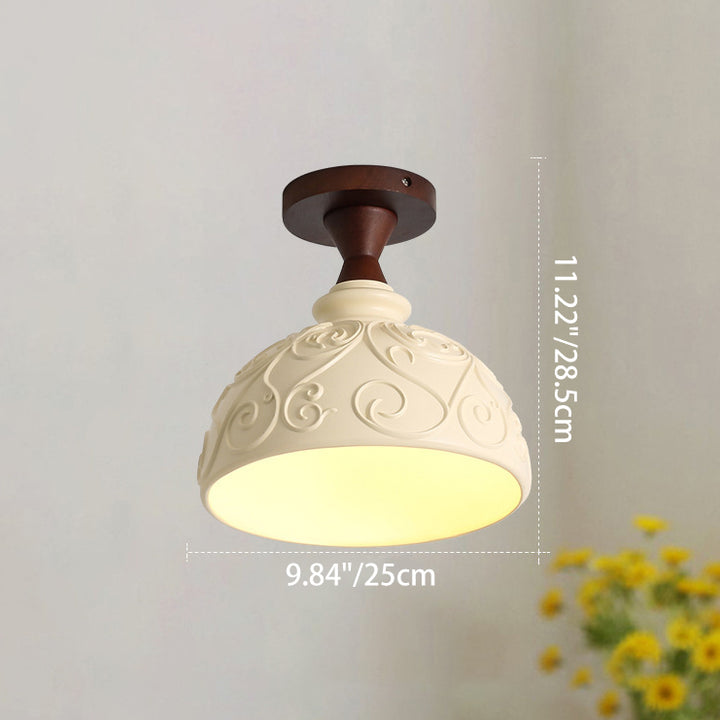Traditional French Resin &amp; Wood Bowl-Shaped Round Carved 1-Light Semi-Flush Mount Ceiling Light For Hallway And Entryway