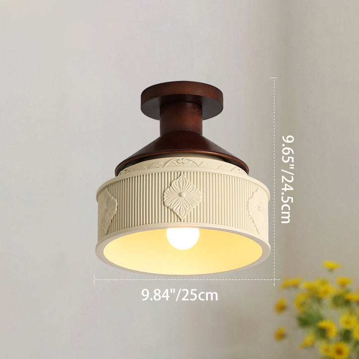 Traditional French Resin &amp; Wood Bowl-Shaped Round Carved 1-Light Semi-Flush Mount Ceiling Light For Hallway And Entryway