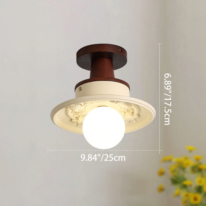 Traditional French Resin &amp; Wood Bowl-Shaped Round Carved 1-Light Semi-Flush Mount Ceiling Light For Hallway And Entryway